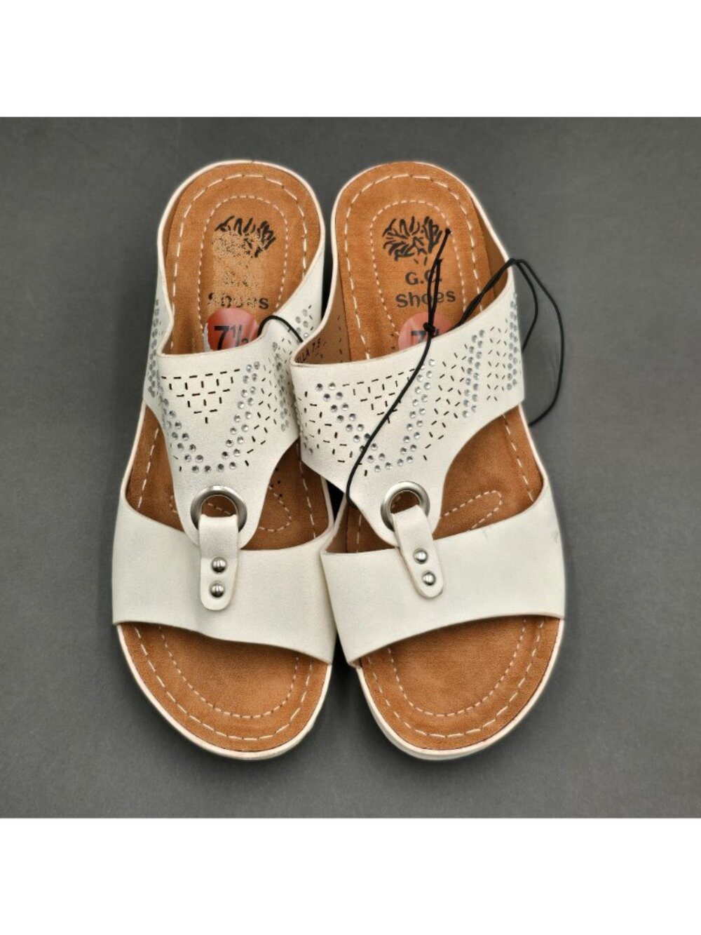 G.C. Shoes Marbella Wedge Sandals Size 7.5 White Rhinestone Studded Slides - Picture 9 of 9